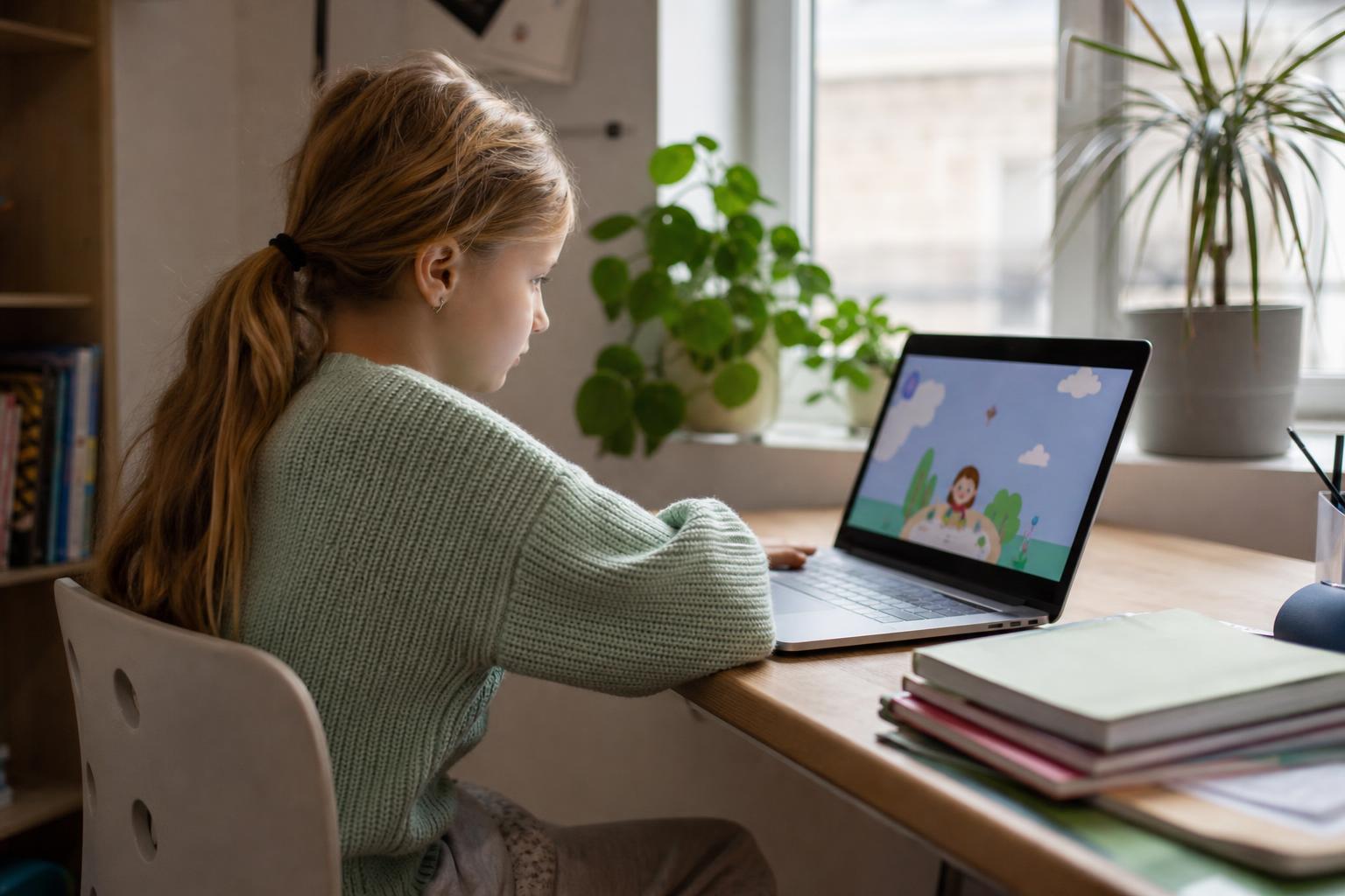 Kind dat rustig thuis aan tafel werkt in een notitieboek naast een tablet