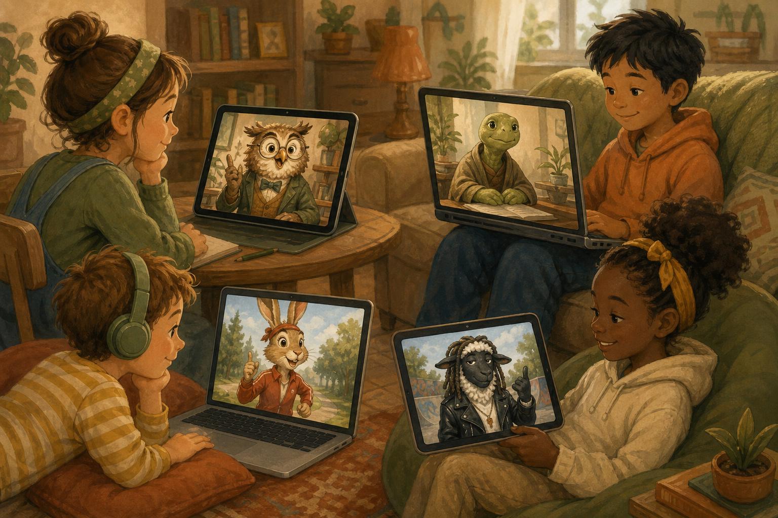 Vier kinderen leren thuis op tablet en laptop, elk met een eigen LeerVlam-leerbuddy op het scherm